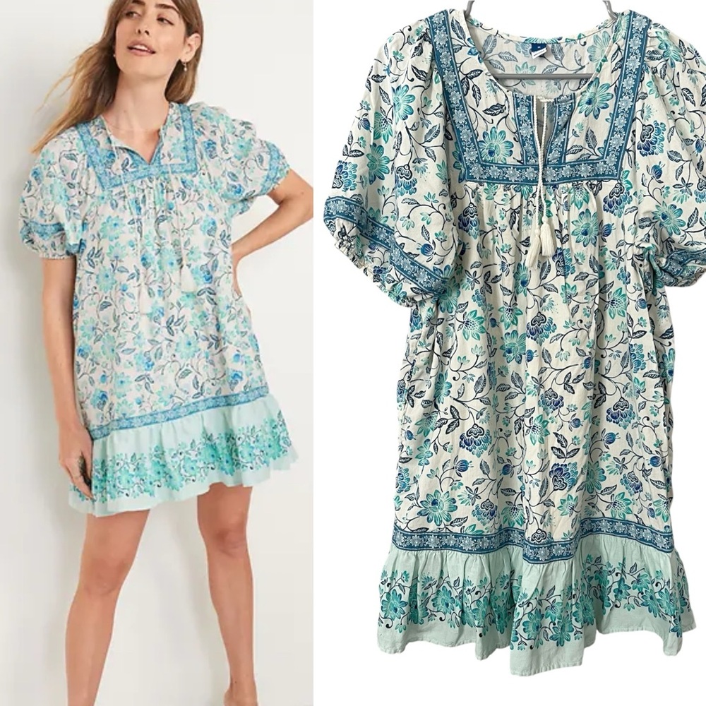 Old Navy Floral Mini Dress Made in India Ruffle Hem Medium Blue Green Picnic
